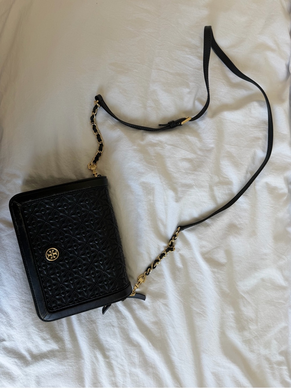 Tory Burch Black Quilted Leather Crossbody with Gold Hardware